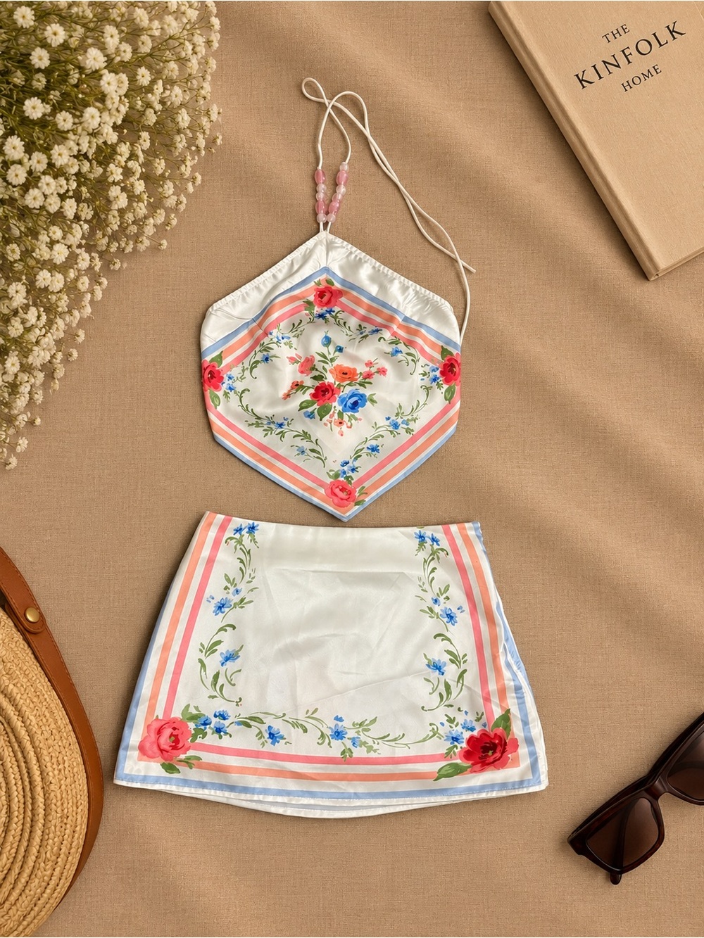 NWT Altar'd State White Floral Satin Mini Skirt with Pink & Blue Accents